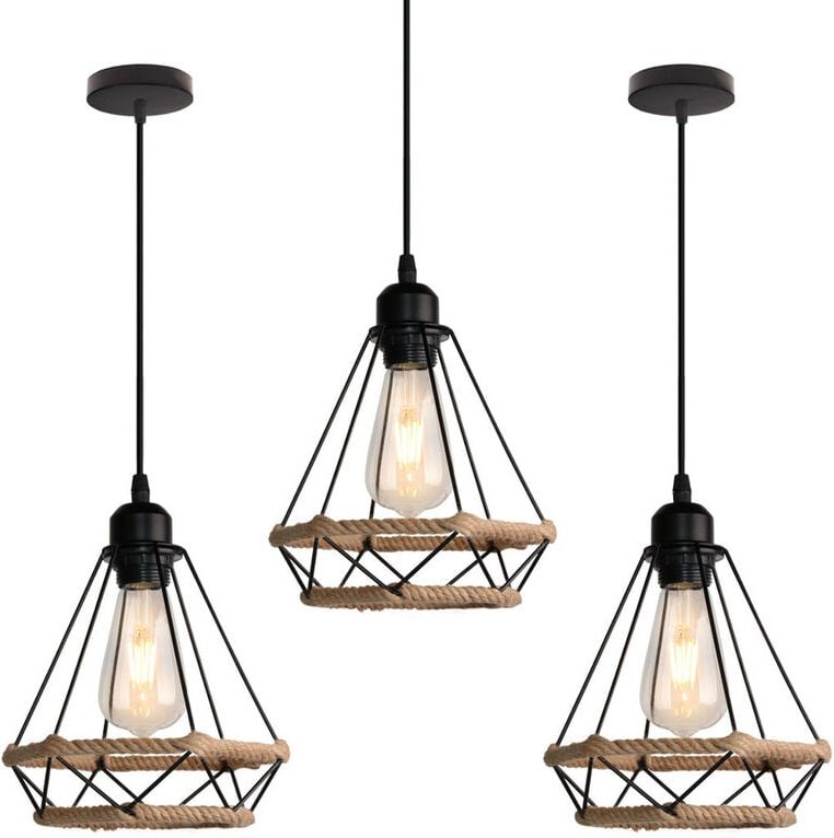 Axhup - 3er Pendelleuchte Hanf Seil Hängelampe mit Käfig Ø20cm Diamant Form Lampen im Industri Stil für für Wohnzimmer E...