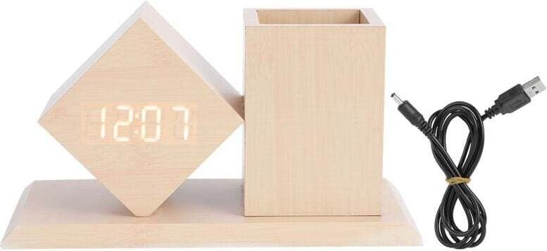 Réveil Numérique en Bois à Commande Vocale LED Horloge Bureau avec Porte Stylo