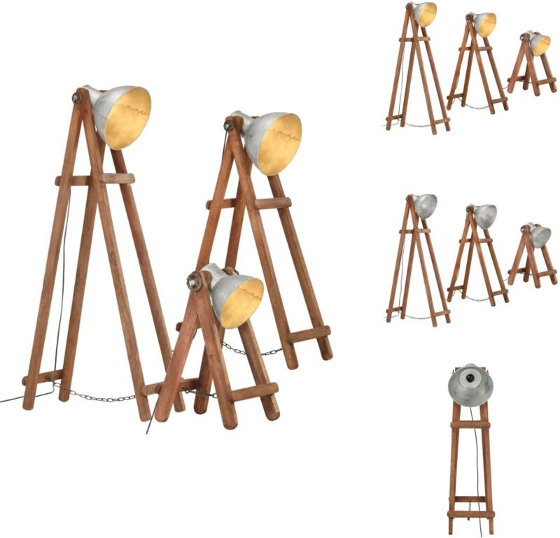Stehlampen 3 Stk. Silbern E27 Mango Massivholz - Vintage Lampe - Stehlampe Set - Industrielle Deko - Holzstelenleuchte -...