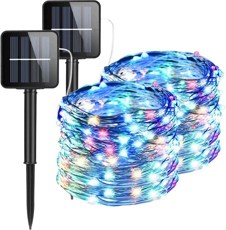 2 Solaranlagen, PVC/Kupfer, 100 LEDs, 12 m, 8 Beleuchtungsmodi, mehrfarbig