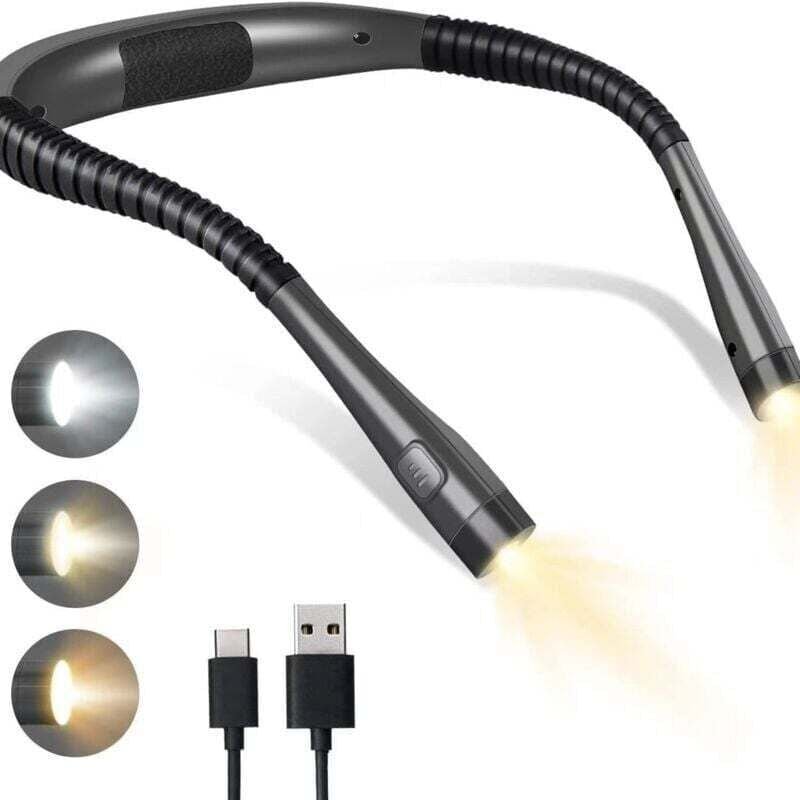 Lámpara de lectura recargable para el cuello, lámpara de lectura para la cama, 3 colores, 6 niveles de brillo, brazos pl...