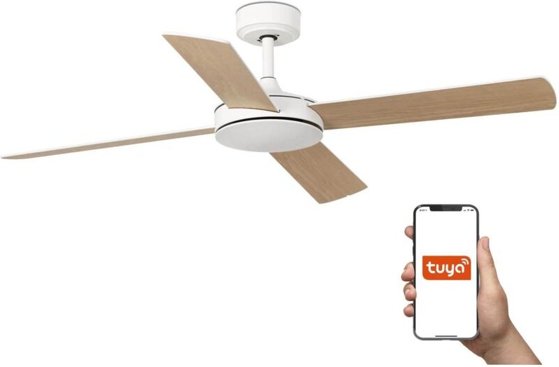 Faro Mallorca Großer Deckenventilator mit 4 Flügeln, Mattweiß, Ahorn, Tuya Smart System