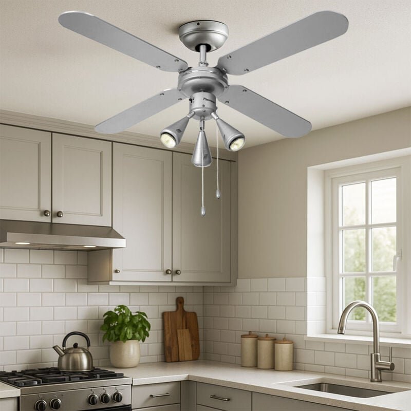 Led Deckenventilator Zugschalter Ventilator Vor-Rücklauf Lüfter wendbare Flügel, Spots beweglich, Holz silbergrau/marine...