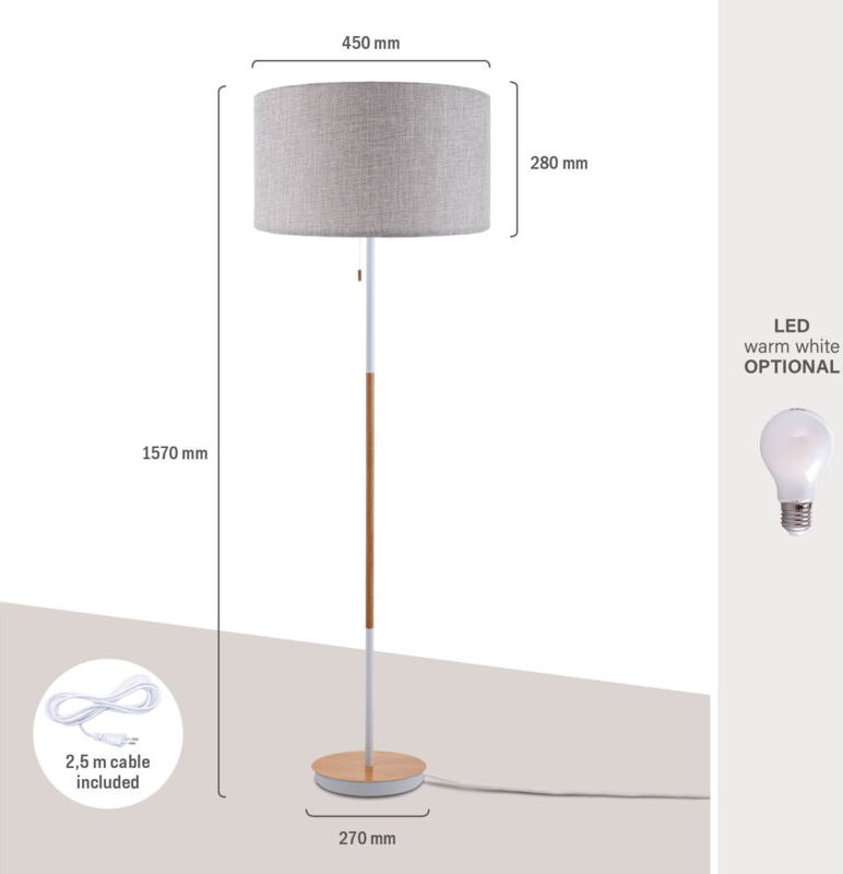 Paco Home Stehlampe Wohnzimmer Standleuchte Skandi Stoffschirm Textilkabel Zugschalter E27 Grau (Ø45.5 cm), Stehleuchte ...