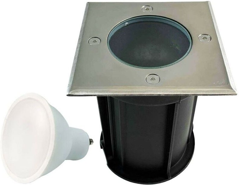 Quadratischer Bodeneinbaustrahler Edelstahl 304 Eterior IP65 + GU10 5W Glühlampe Kaltweiß 6000K