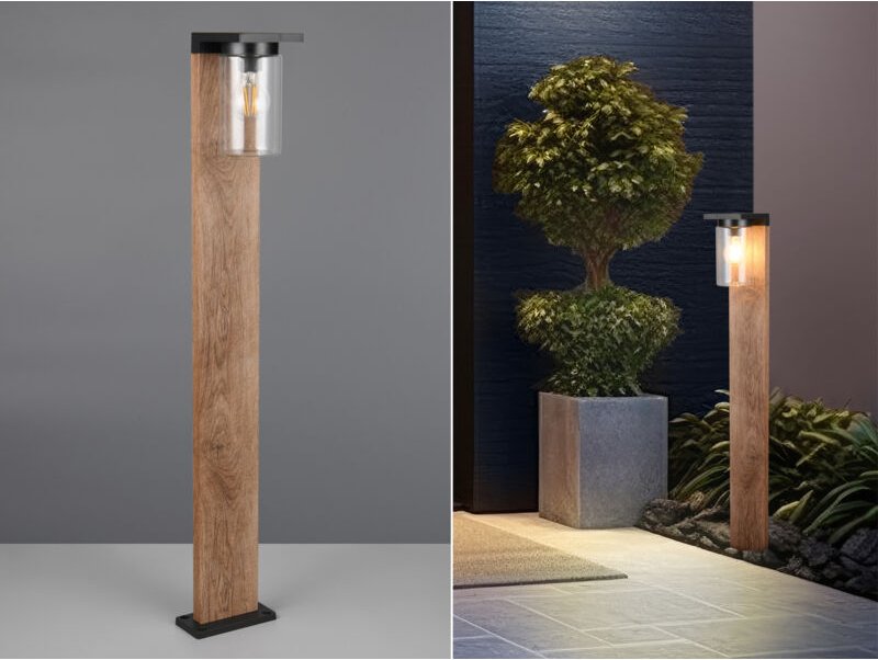 Meinewunschleuchte - led Wegeleuchte Laterne in Schwarz & Holzoptik mit Glasschirm, Höhe 100cm