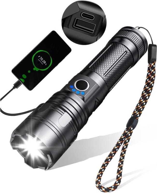 Thumbnail - Ahlsen Ultrastarke LED-Taschenlampe, 10.000 Lumen, wiederaufladbare Taschenlampe, taktische Taschenlampe, 5 USB-Taschenl...