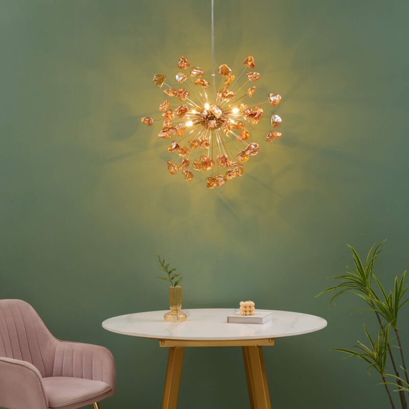 Kosilum - Dekorative Hängelampe aus goldfarbenem Metall und bernsteinfarbenem Glas - Rimelia