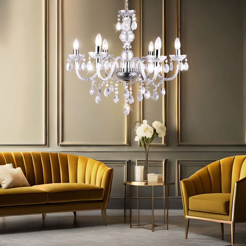 Thumbnail - Kronleuchter Kristallbehang Pendelleuchte hängend Esszimmer Hängelampe Lüster, Chrom, 6x E14, DxH 61 x 166 cm