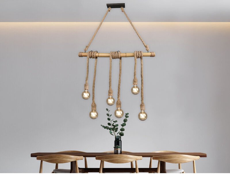 Led Holzbalken Pendelleuchte 6-flammig mit Bambusrohr & Tau, Breite 100cm