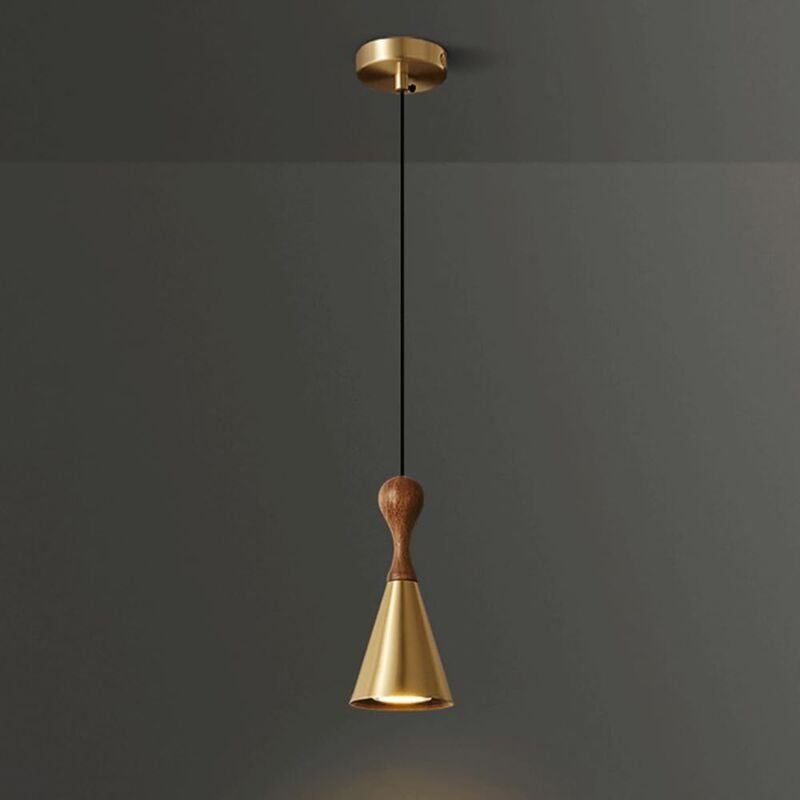 Kcvv - Mini-Pendelleuchte aus Walnussholz mit Messingschirm, dekorative Nachttischbeleuchtung, Hängelampe, E27-Fassung