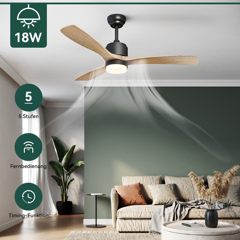 SONNI Deckenventilator mit licht und fernbedienung 5 Leistungsstufen DC 35W 132cm 3 Flügel echtem Holz Steuerung durch F...