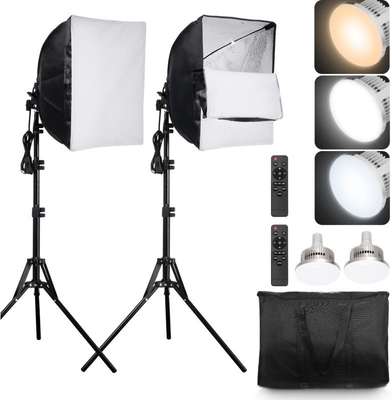 Mophorn Softbox-Beleuchtungsset, 16 x 16 Zoll, professionell mit 45 W LED-Birnen, 3000–6500 K Farbtemperatur, Stativ, Fe...