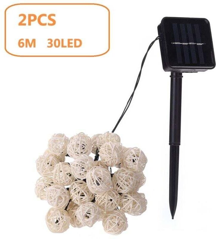 2er Set 6m Natur Solargirlande 30 Kugeln IP44 - Honest Rattan Lichtgirlande