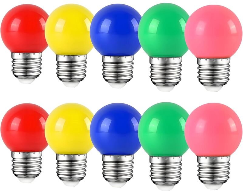 Packung mit 10 E27 2W farbigen LED-Lampen, 360° Abstrahlwinkel, AC220V-240V, Rot, Gelb, Blau, Grün und Rosa [Energieklas...