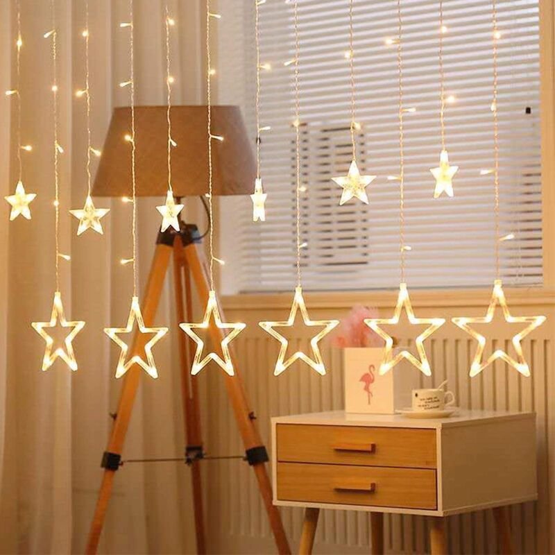 Thumbnail - LED Lichterkette mit 12 Sterne 138 LEDs Lichtervorhang Weihnachtslichter 3M Sternenvorhang Warmweiß mit 8 Modi und Timer...