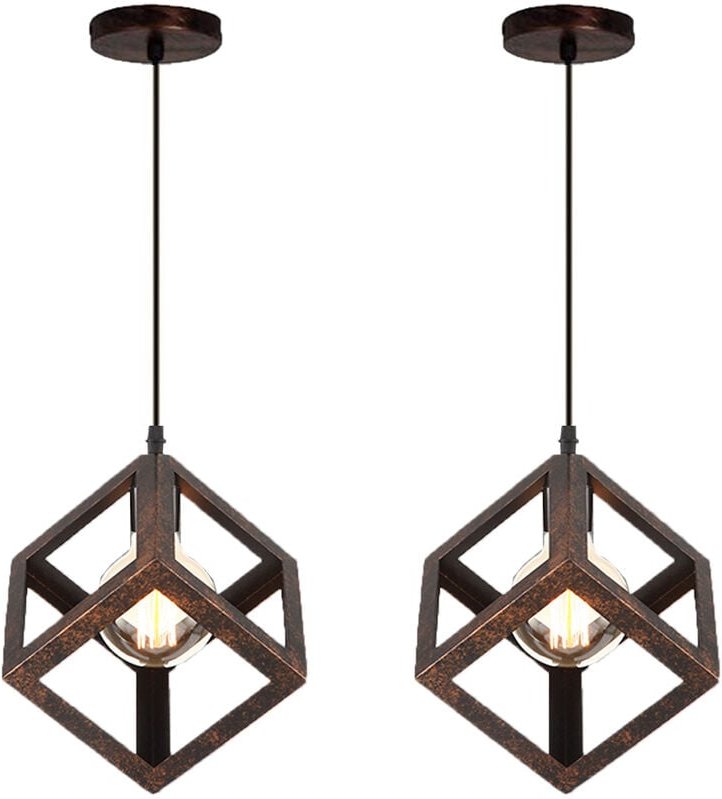2er Pendelleuchte Würfel, Kreative Kronleuchter im Industri Stil, Hängelampe mit Metall Käfig E27 Lampenfassung für Wohn...