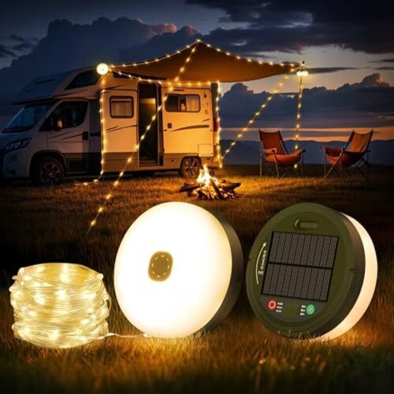 10 m lange, einziehbare Lichterkette für Camping, tragbar 3 in 1, wiederaufladbar per USB und Solar, mit 8 Beleuchtungsm...