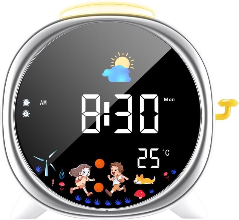 Pädagogischer Tag-/Nachtwecker für Kinder, Wecker mit Nachtlicht, zwei Weckzeiten, Schlummerfunktion, wiederaufladbarer ...
