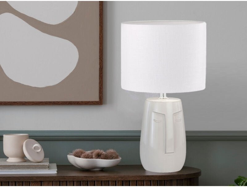 Meinewunschleuchte - led Tischlampe mit Keramikfuß Beige & Leinenschirm Weiß, Höhe 39cm
