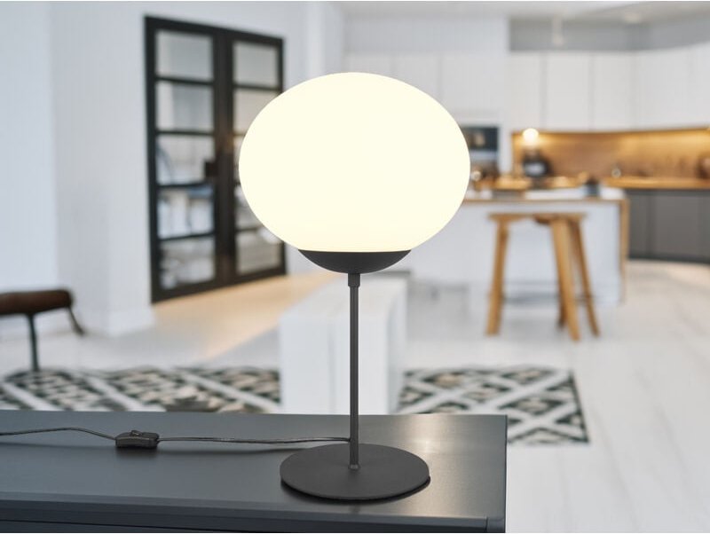 Große Retro led Tischleuchte Schwarz mit Glaskugel, Höhe 52cm