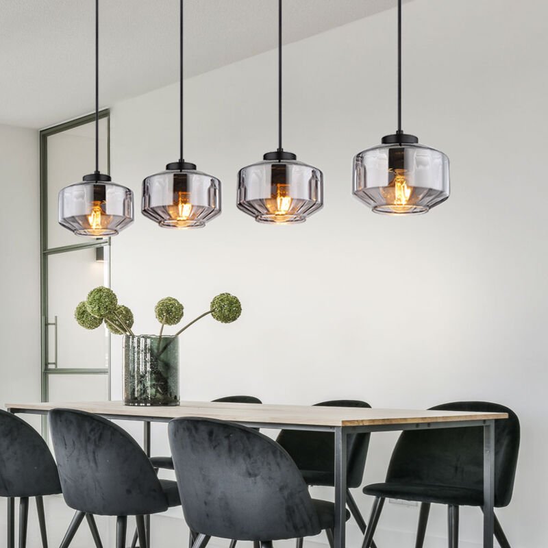 Led Hängeleuchte Pendellampe Wohnzimmer Pendelleuchte Esstischleuchte rauch Glasschirm, Metall schwarz, Fassungen 4x 7W ...