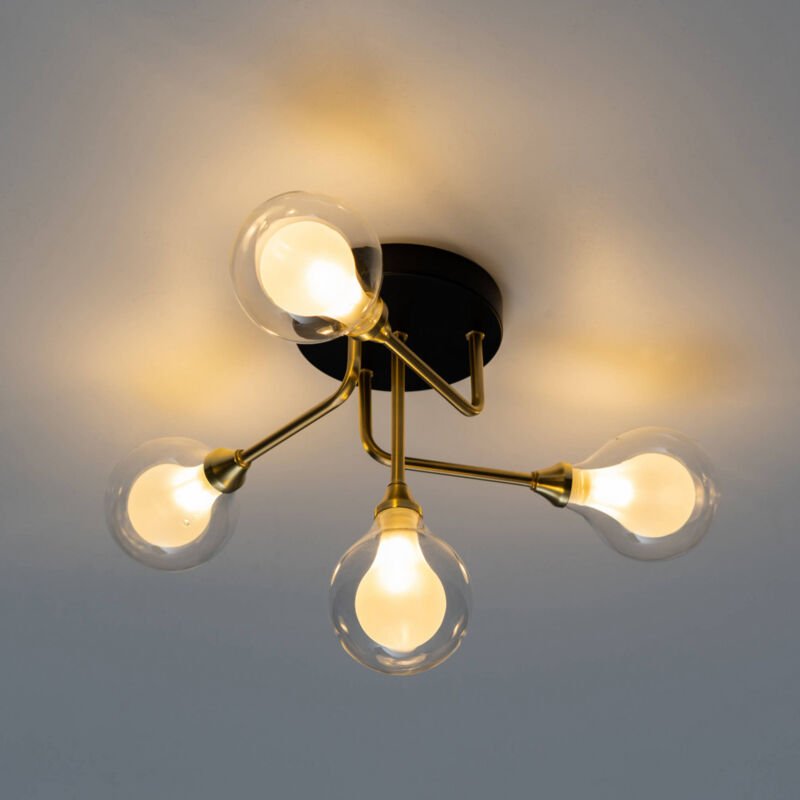 Schwarz-goldene Deckenleuchte mit 4 Doppelglaskugeln - Olivetto