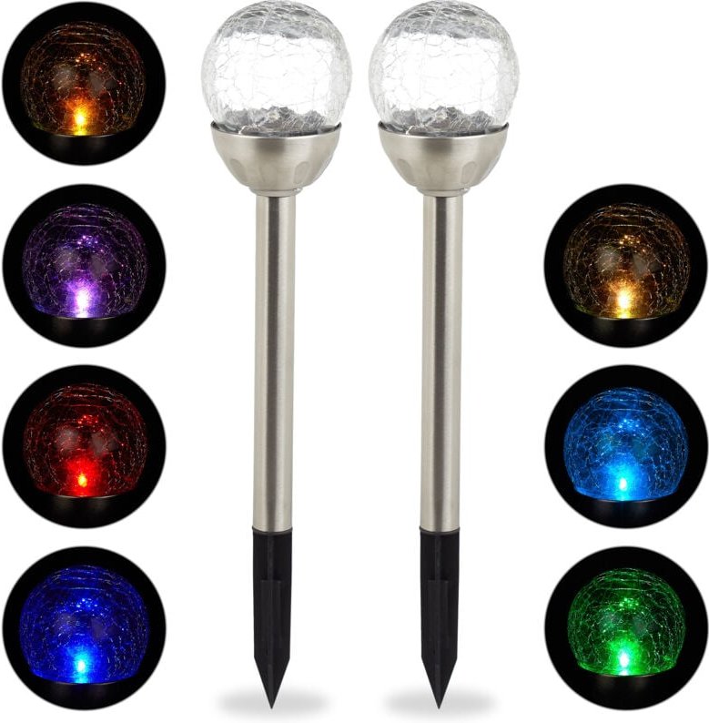 Relaxdays - 4 x Gartenleuchte Glaskugel, led Solarleuchten in Bruchglas Optik, Farbwechsel, Wegeleuchte inkl. Erdspieß, ...