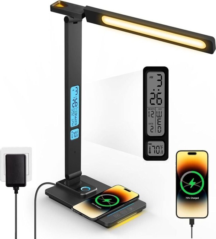 Thumbnail - Dimmbare LED-Schreibtischlampe mit Ladefunktion, Uhr, Nachtlicht und faltbarer Schreibtischlampe