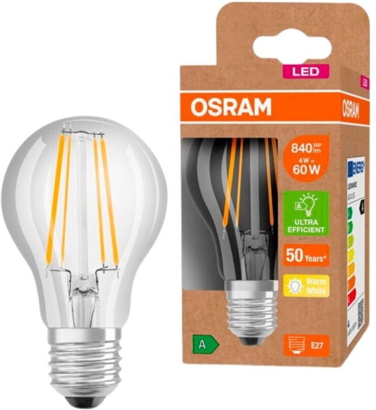 Osram - led Stromsparlampe, Filament Birne aus Glas mit E27 Sockel, Warmweiß (3000K), 4 Watt, ersetzt herkömmliche 60W-L...