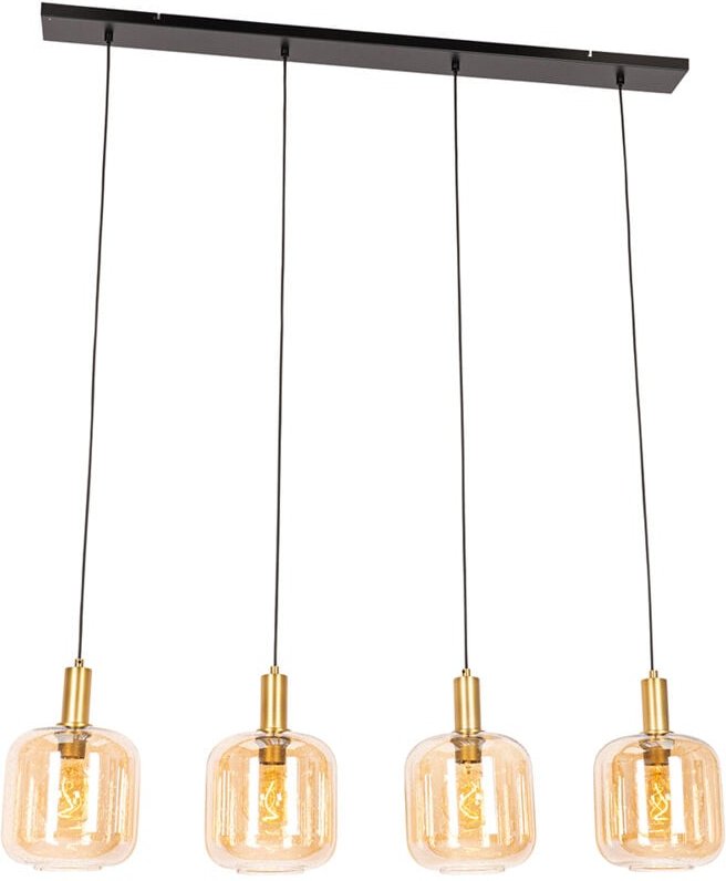 Smarte Pendelleuchte Schwarz mit Messing und bernsteinfarbenem Glas 4-flammig inkl. 4 Wifi G95 - Zuzanna