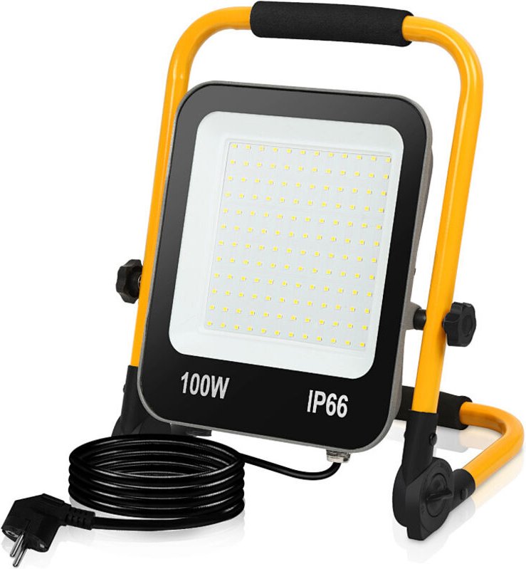 Wolketon LED-Baustrahler, IP66 Außenstrahler, 120° Abstrahlwinkel, 100W LED Fluter mit Stativ, 6000K Kaltweiß Arbeitslam...