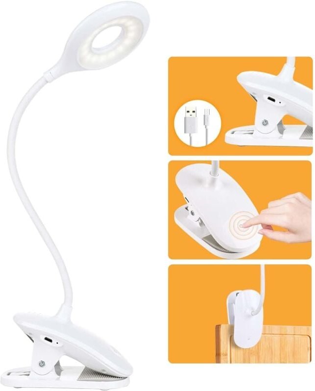 LED-Schreibtischlampe, Leselampe, 1200-mAh-Akku, 16 LEDs, 3 Helligkeitsstufen, 360° flexible Klemmleuchte, kabellose Tou...