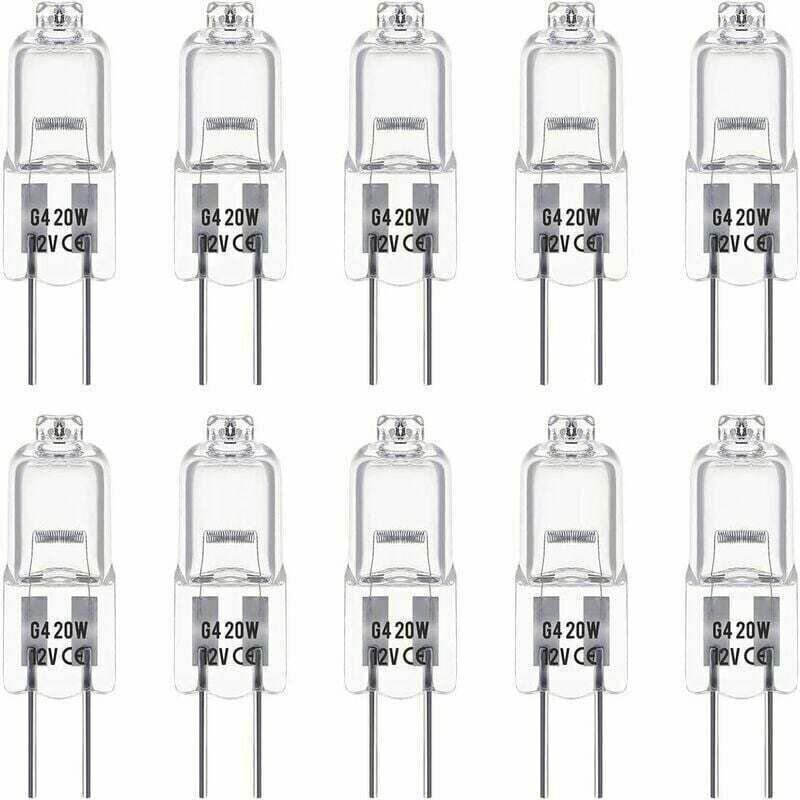 Packung mit 10 G4-Halogenlampen, 12 V und 20 W. Diese Lampen erzeugen ein warmweißes Licht mit 3000 K und einer Helligke...