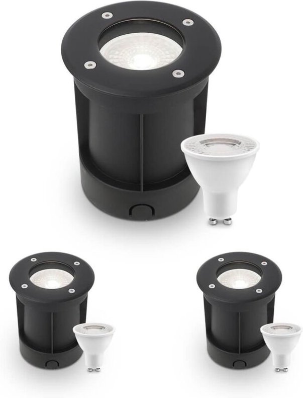 LED Bodeneinbaustrahler Schwarz rund 230V IP67 - Leuchtmittel: GU10 4W 4000K - Anzahl: 3x
