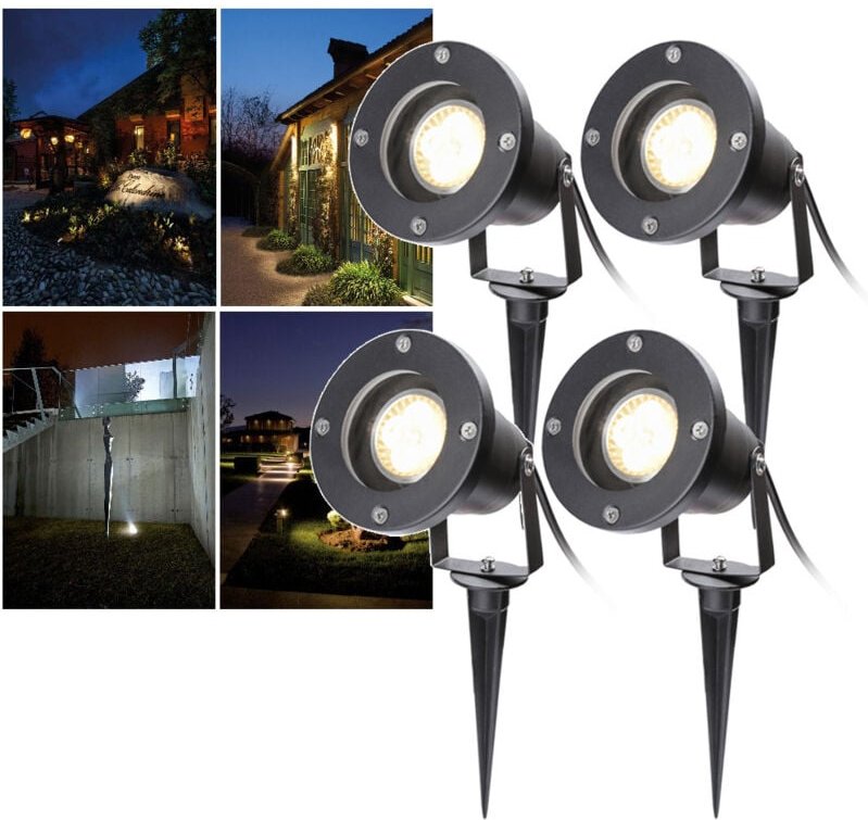 Wolketon Gartenleuchte Led Gartenstrahler Warmweiß 4er Pack LED Gartenbeleuchtung IP65 4W GU10 Mit Erdspieß Stecker Auss...