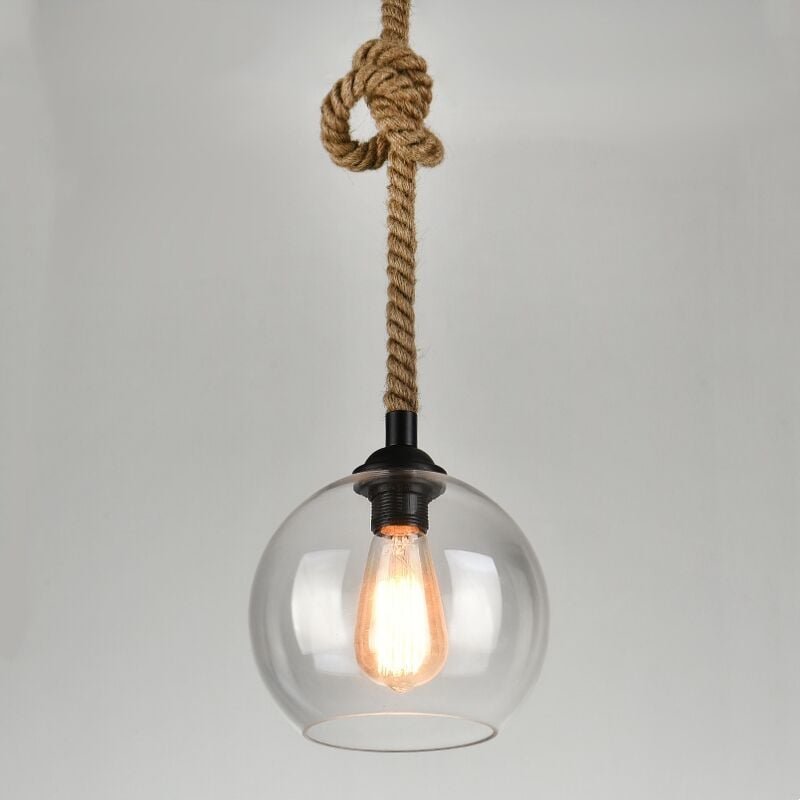 Modern Pendelleuchte Kugel Glas Kronleuchter Höhenverstellbar Hanfseil Hängeleuchte Innen Deckenlampe - Transparent Ø25C...