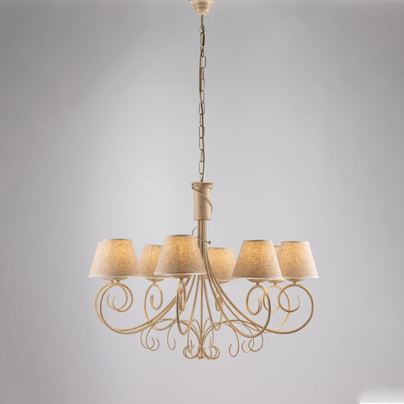 Bonetti Illumina - Belight - Wien – Kronleuchter elfenbeinfarben, Antikgold, PVC-Lampenschirme Ø13, Ø78, 8-flammig – BL2...