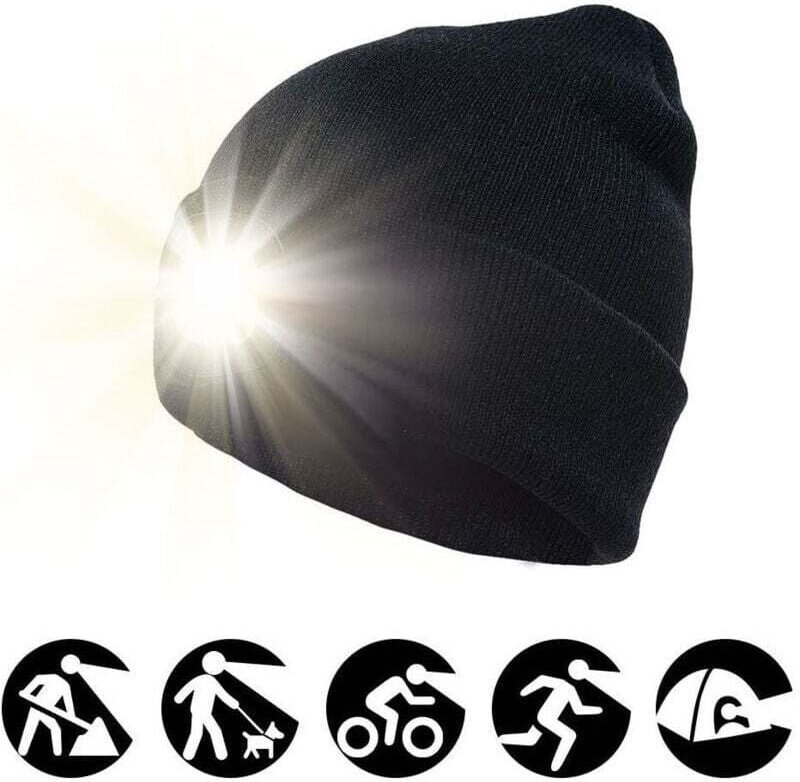 Gestrickte Wintermütze mit wiederaufladbarer Stirnlampe, leuchtende Mütze für Damen und Herren, schwarz