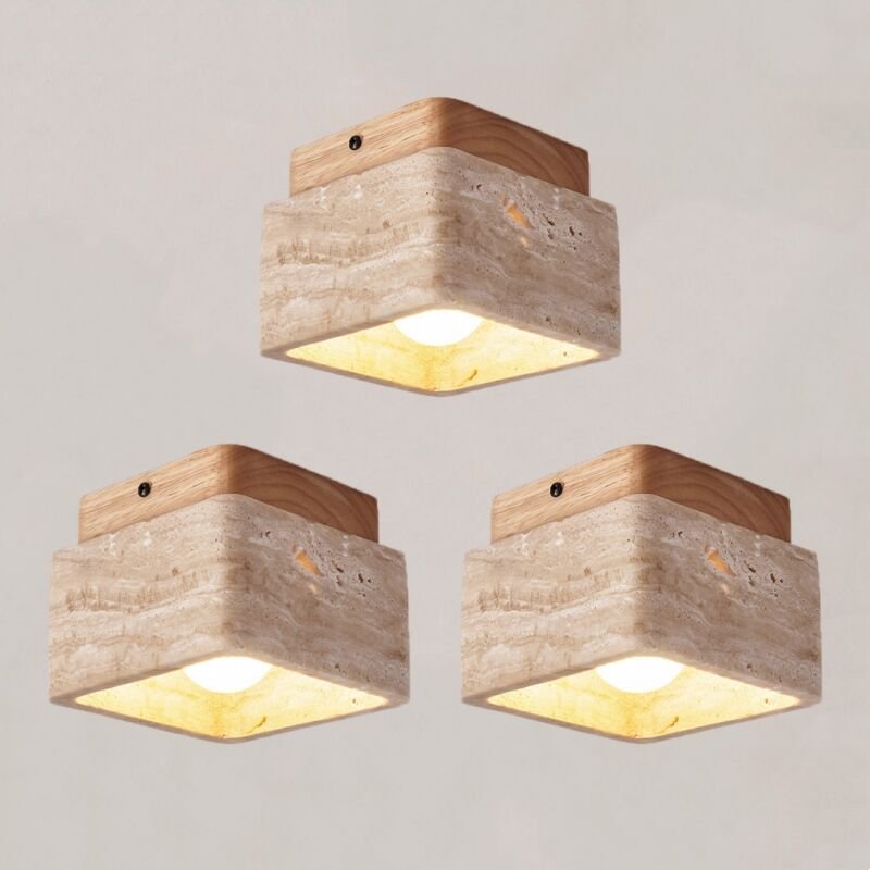 Retro Deckenleuchte Travertin Holz Wohnzimmerlampe Innen Quadrat Schlafzimmerlampe Warmweißes Licht - 3Pcs