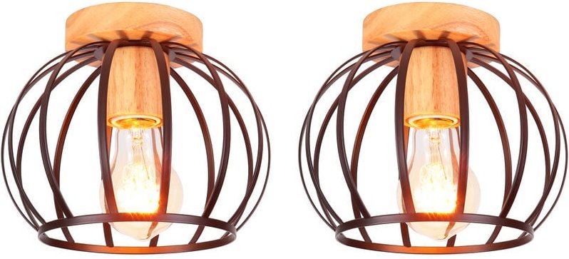 2x Metall Hölzern Hänge-Leuchte Deckenlampe in Käfig Form, Industriell Moderne E27 Ø20cm Deckenleuchte für Wohnzimmer Sc...