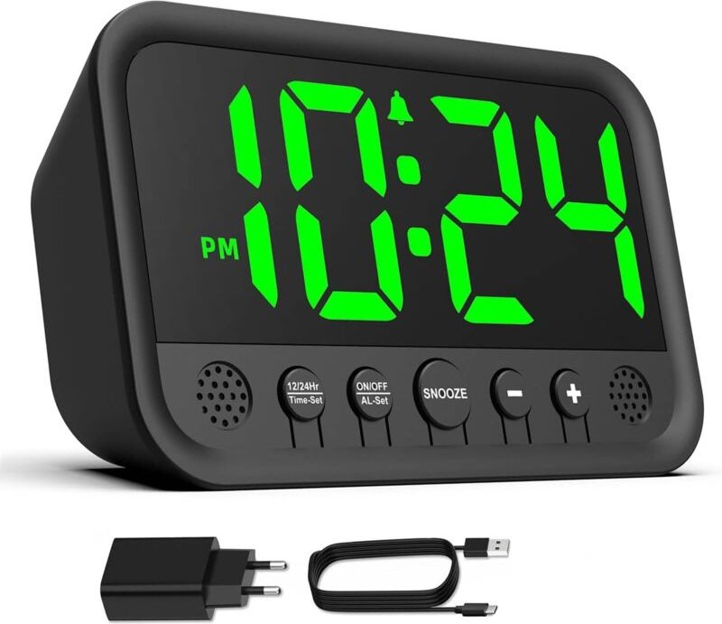 Digitaler Wecker mit grüner LED-Anzeige fürs Schlafzimmer, lauter Wecker für Tiefschläfer, netzbetriebener Wecker (Adapt...