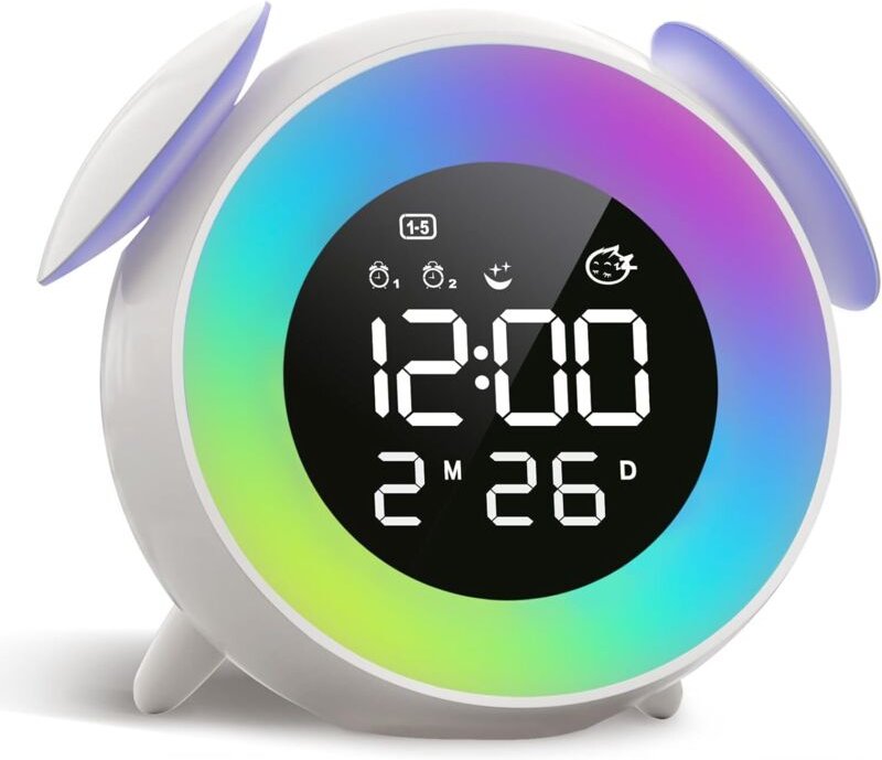 Kinderwecker, pädagogischer Tag-/Nachtwecker mit 15-farbigem Nachtlicht, Schlummerfunktion, 2 Alarmen, Wochentags-/Woche...