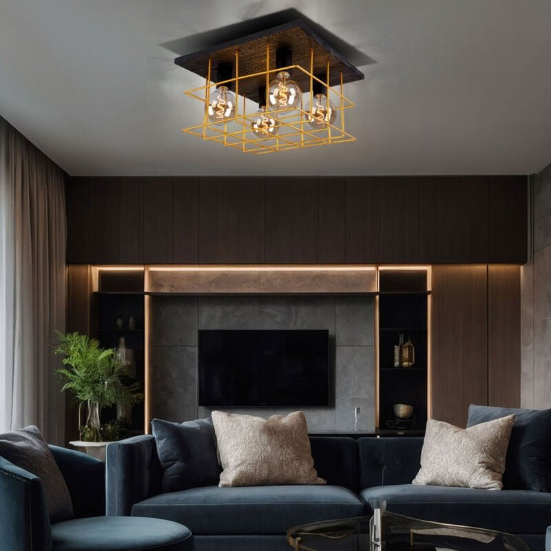 Globo Lighting - Deckenleuchte 4 flammig Deckenlampe Industriell Holz Spotleuchte E27, Holzoptik schwarz Metallgitter go...