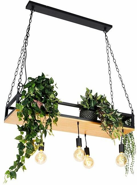 Industrielle Hängelampe schwarz mit Holz 5-Licht - Regal