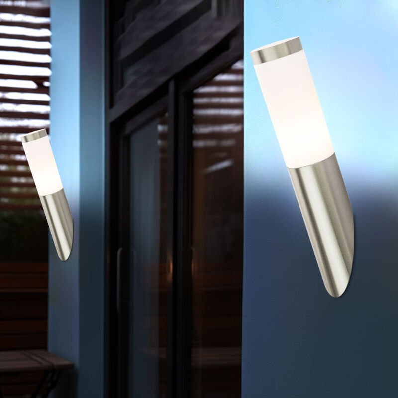 Wandleuchte Außenwandlampe Edelstahl Gartenlampe silber Haustürlampe, Fackel Optik, 1x E27, DxH 7,6x40 cm, 2er Set
