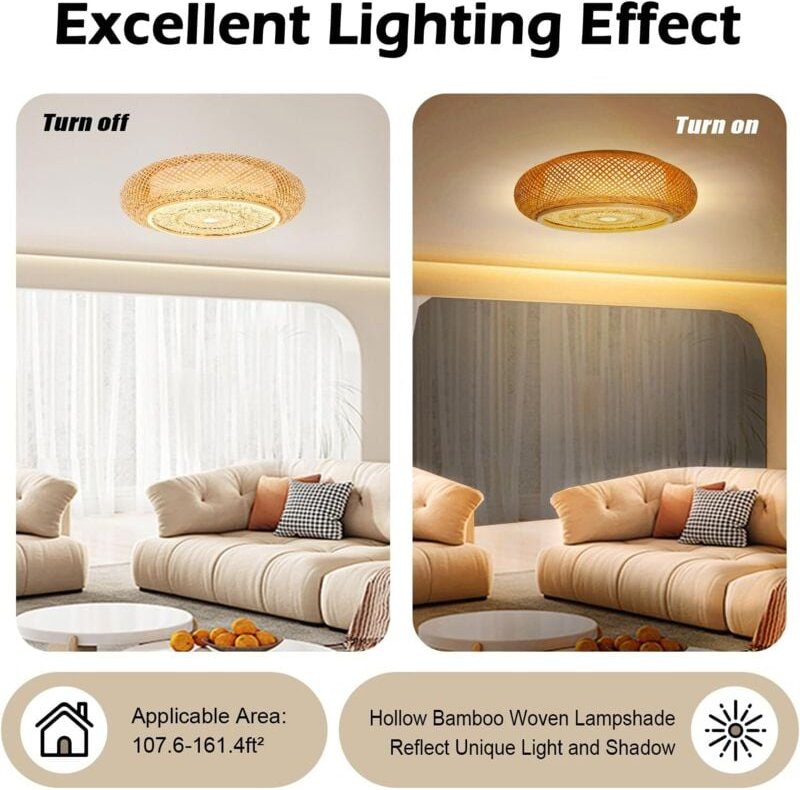50cm Bambus Deckenleuchte, 220V Schlafzimmerlampe Lampenschirm Hängelampe Halb Flushmount Wicker Deckenleuchte, Handgefe...