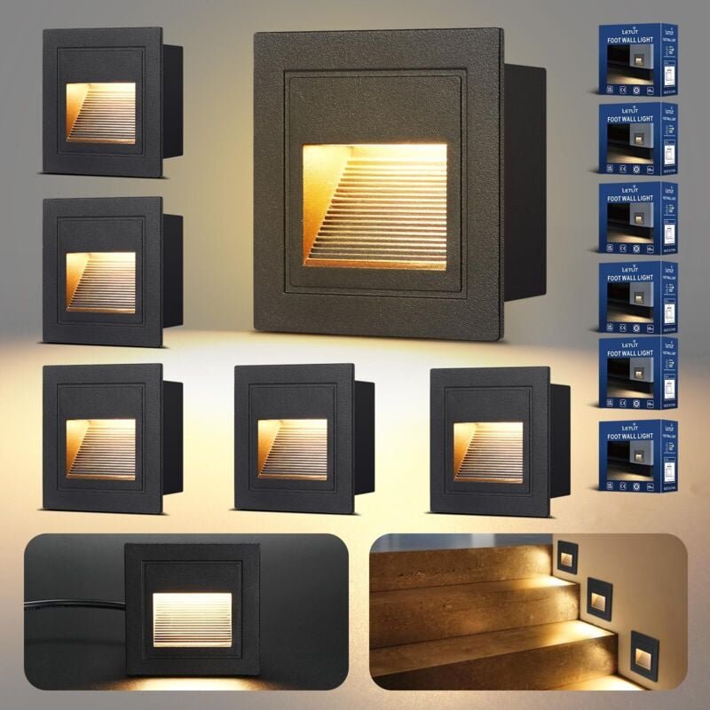 Treppenbeleuchtung, 3 W, 300 lm – 6er-Pack, LED-Treppenstufenbeleuchtung, 230 V, 3000 K, 85 x 85 mm, IP65-Wandeinbau-Tre...