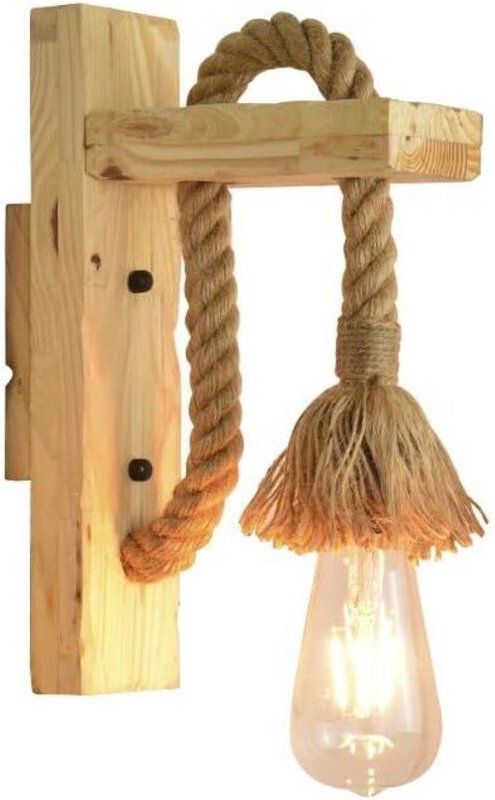 Industrielle LED-Wandleuchte, dekorative Wandlampe aus Holz und Hanfseil für Café, Hotel, Restaurant, E27 Edison-Sockel-...