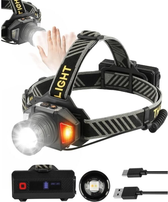 Ultrahelle LED-Stirnlampe, USB-C-aufladbar mit 12 Leuchtmodi, Sensor und Warnlicht, IPX5 wasserdicht, 90° verstellbarer,...